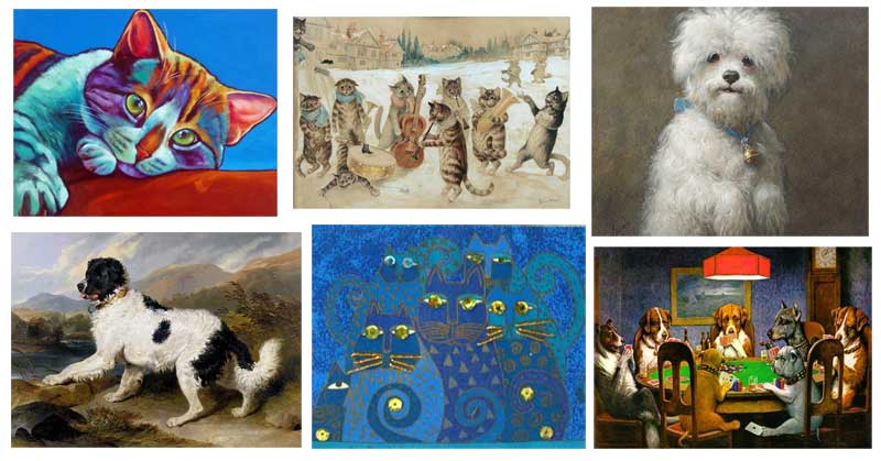 six paintings of cats and dogs by various artists