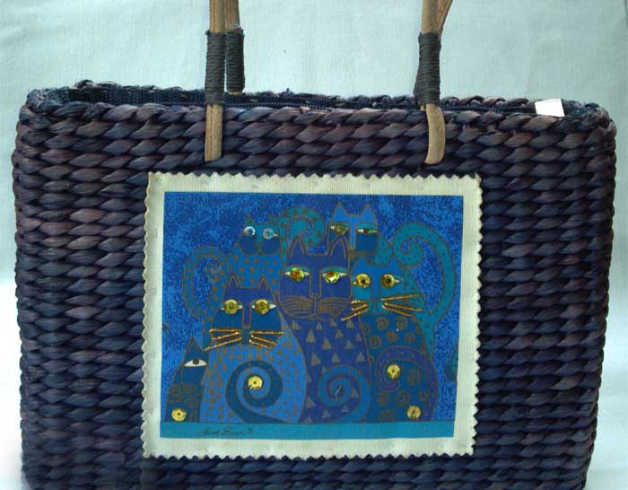 Laurel Burch straw purse with blue cats